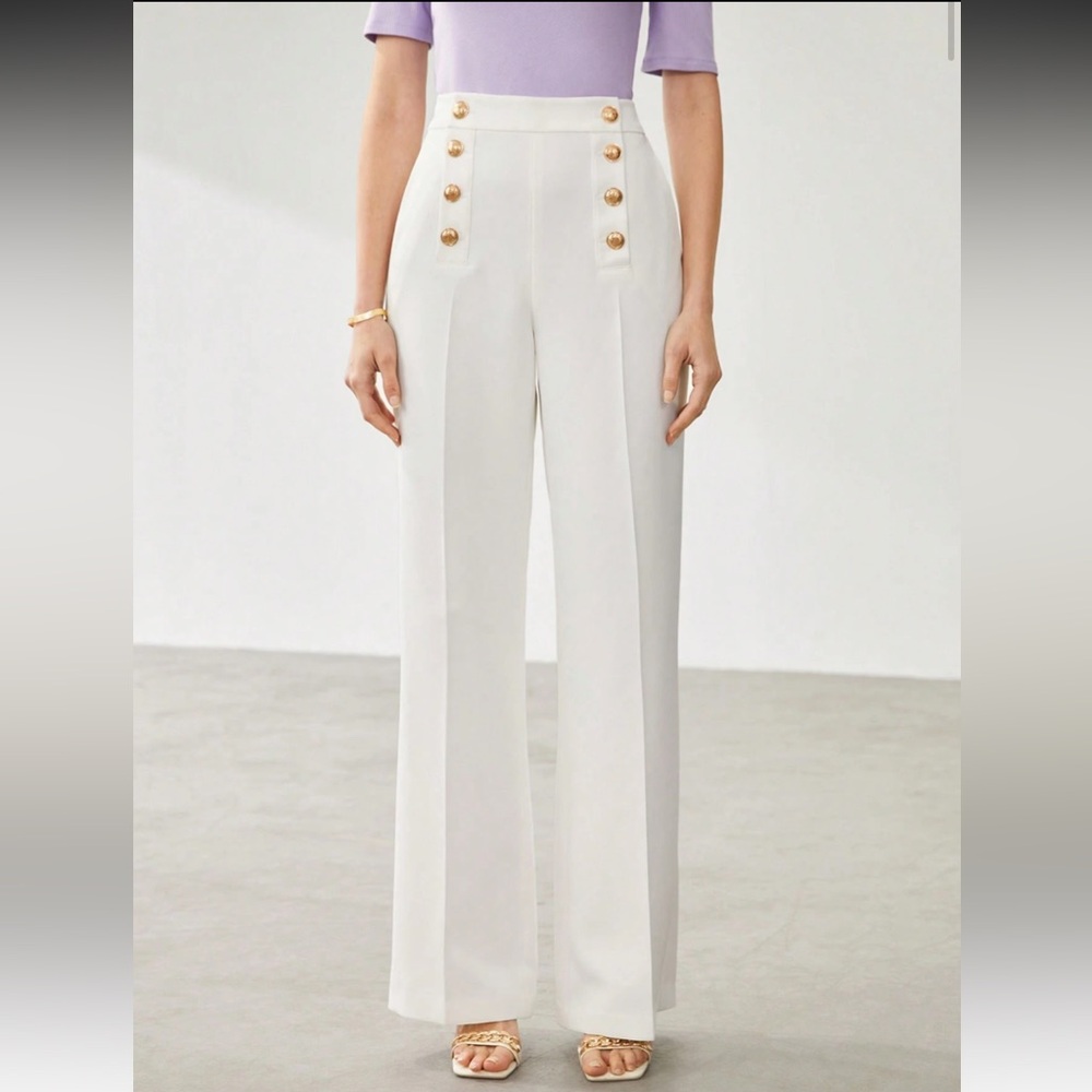 High Waist White Wide Leg Sailor Dress Pants Brass Buttons XS - Picture 16 of 16